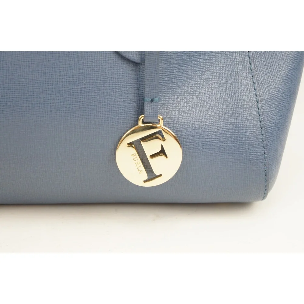 Furla Satchel Handbag 2way Crossbody Blue Saffiano Leather Gold Hardware EUC